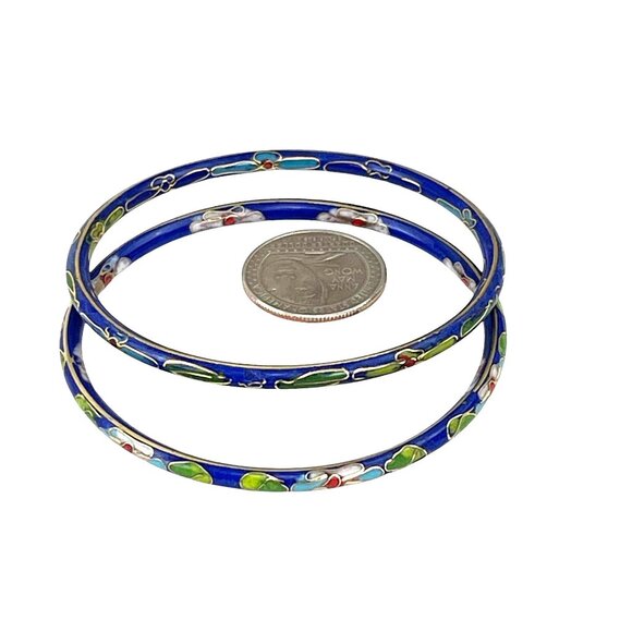 Vintage Cloisonné Enamel Bangles Set Of 2 Blue Floral Design Womens Jewelry - Picture 5 of 8